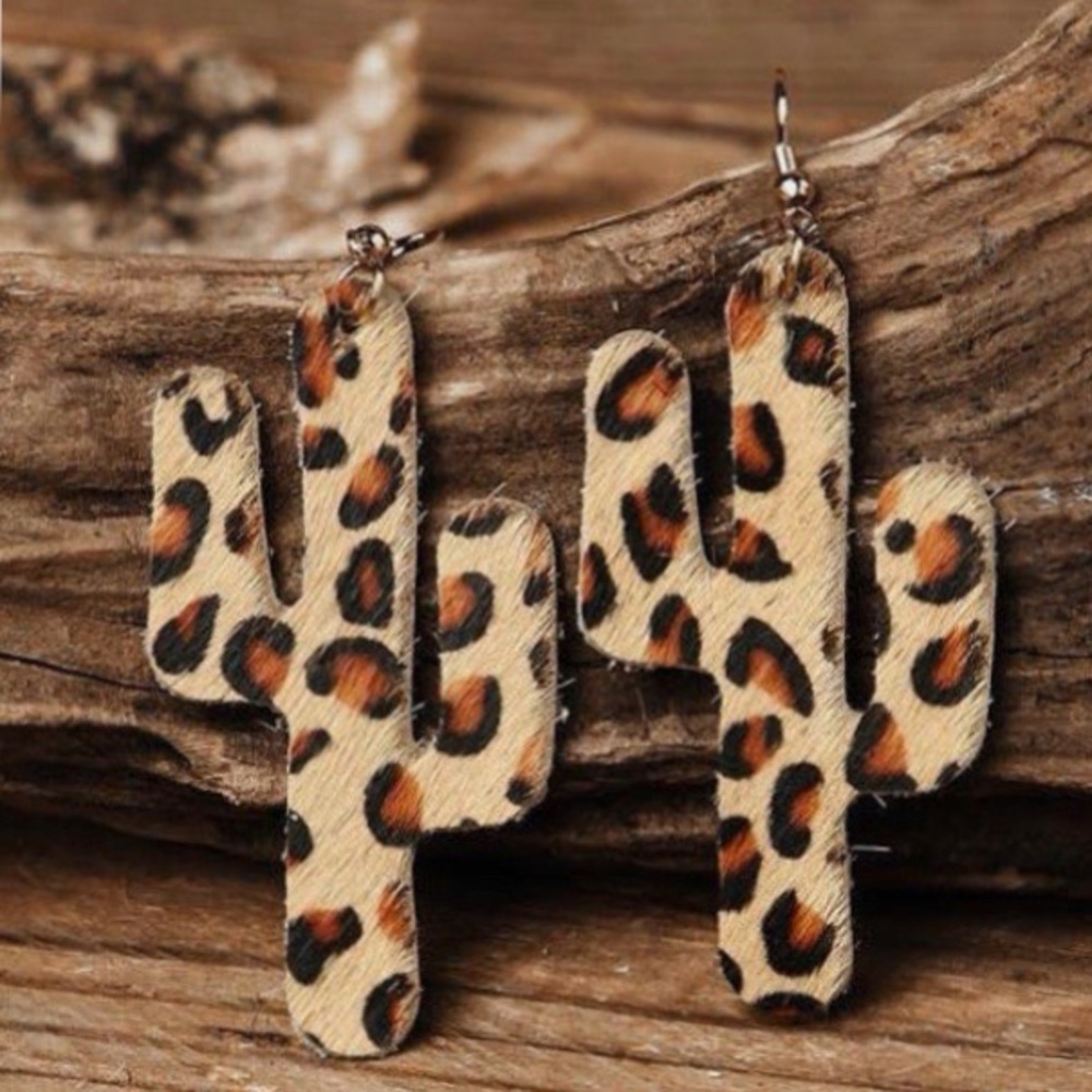 Earrings Leopard Cactus Faux Leather Dangle Boho